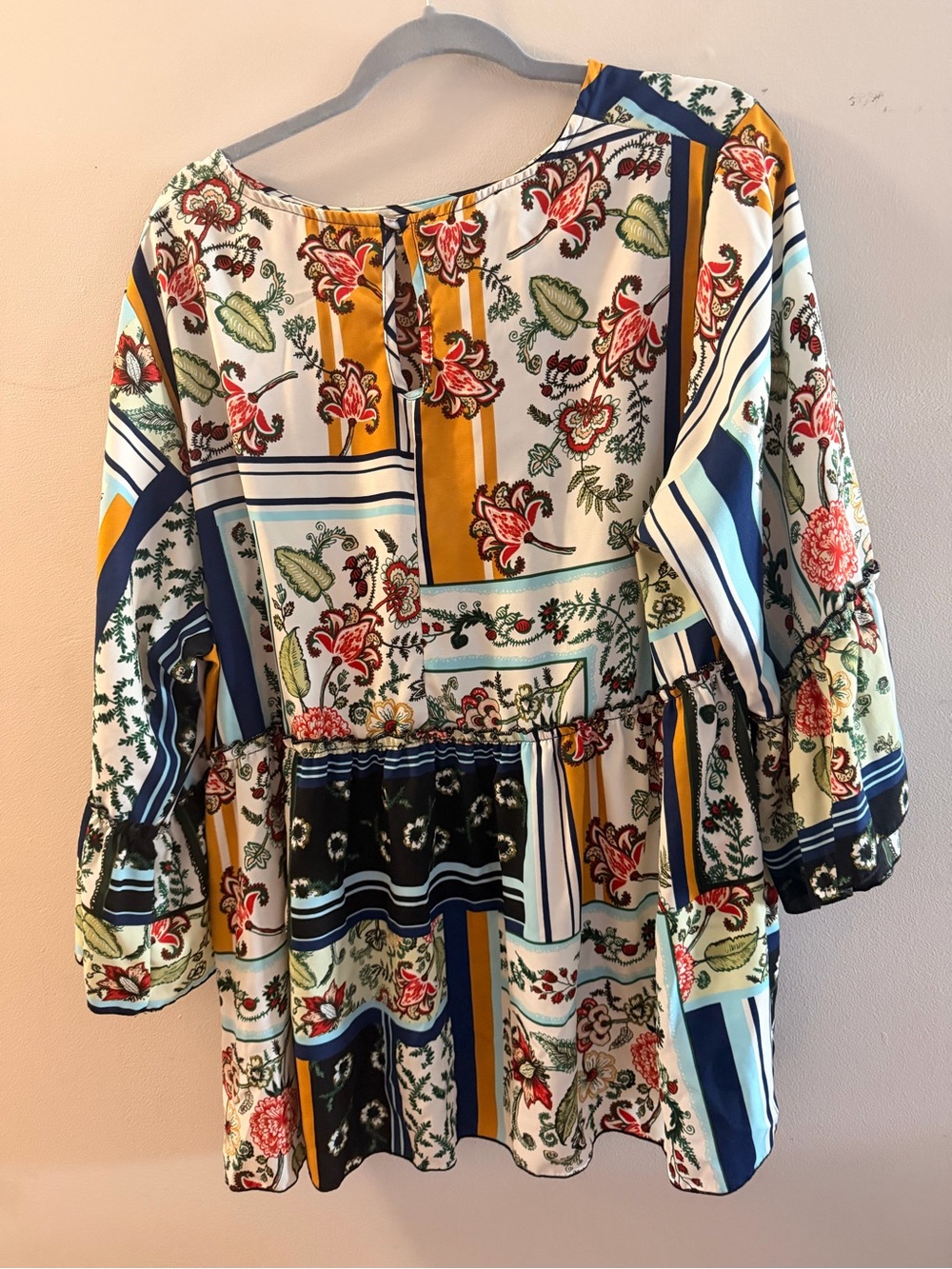 Floral Patchwork Peasant Blouse in White, Mustard & Navy